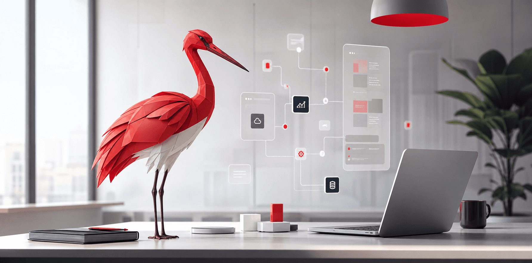 RedStork technology services visual with red stork-inspired subject and software interface panels